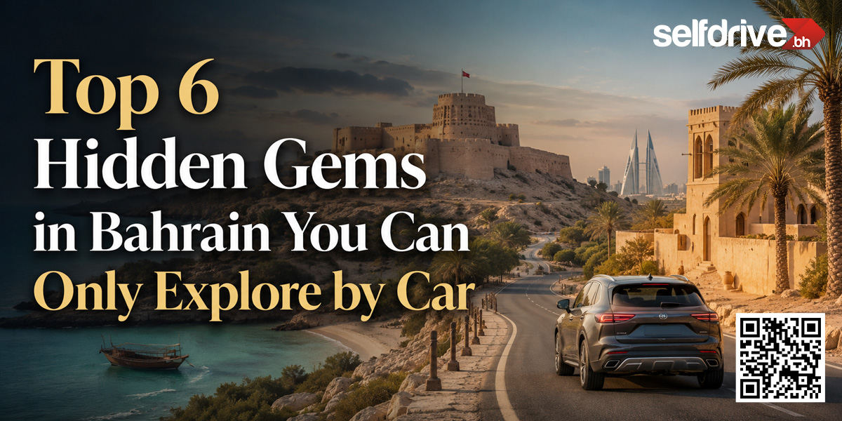 A car drives on a scenic road by the sea towards a historic fort in Bahrain at sunset. Text reads 'Top 6 Hidden Gems in Bahrain You Can Only Explore by Car.' Palm trees and a city skyline enhance the tranquil, adventurous vibe